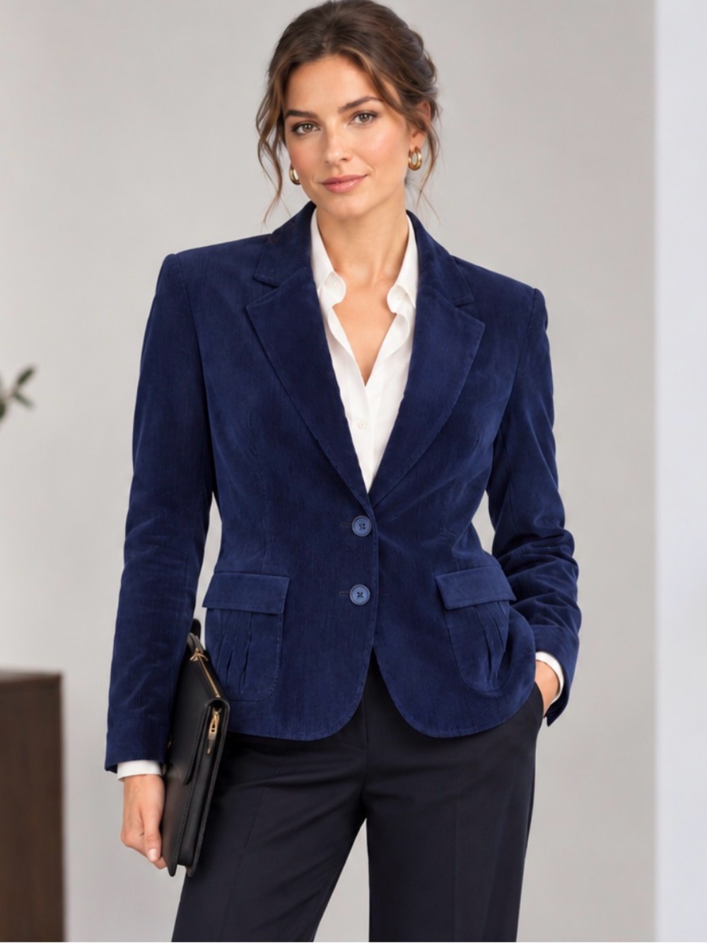 Studio Works Navy Blue Corduroy Structured Two Button Career Blazer Size 10